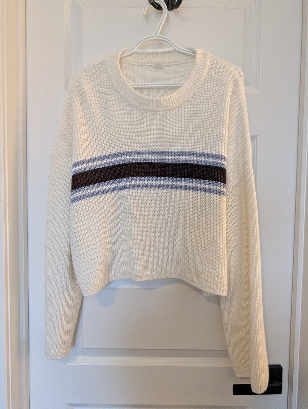 Garage Cream Cropped Crew Sweater with Blue and Brown Stripes